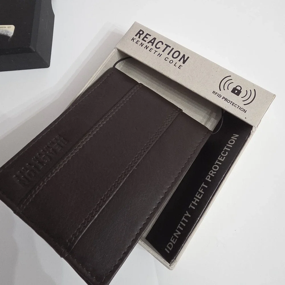 KENNETH COLE REACTION Brown Slim Fold‎ RFID Blocking Bi-Fold Wallet w/ Card Case